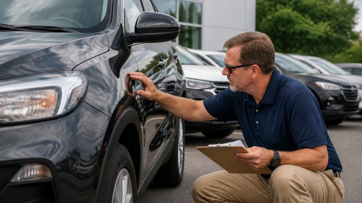 Professional appraiser inspecting used vehicle's exterior, examining paint condition and body panels in natural daylight at dealership lot
