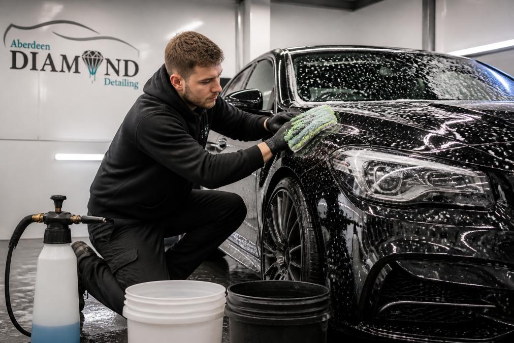 A professional detailer in Aberdeen carefully hand-washing a prestige car using a microfibre mitt and pH-neutral shampoo, with a foam lance and buckets visible in a well-lit unit