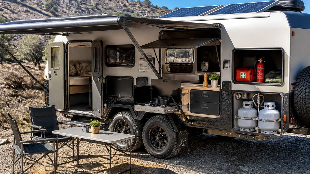 Fully equipped caravan interior with solar panels visible on roof, extended awning providing shade outside, water tanks and storage compartments, 12V lighting fixtures, compact kitchen setup with portable cooker, safety equipment including fire extinguisher and first aid kit visible through windows during bright daytime