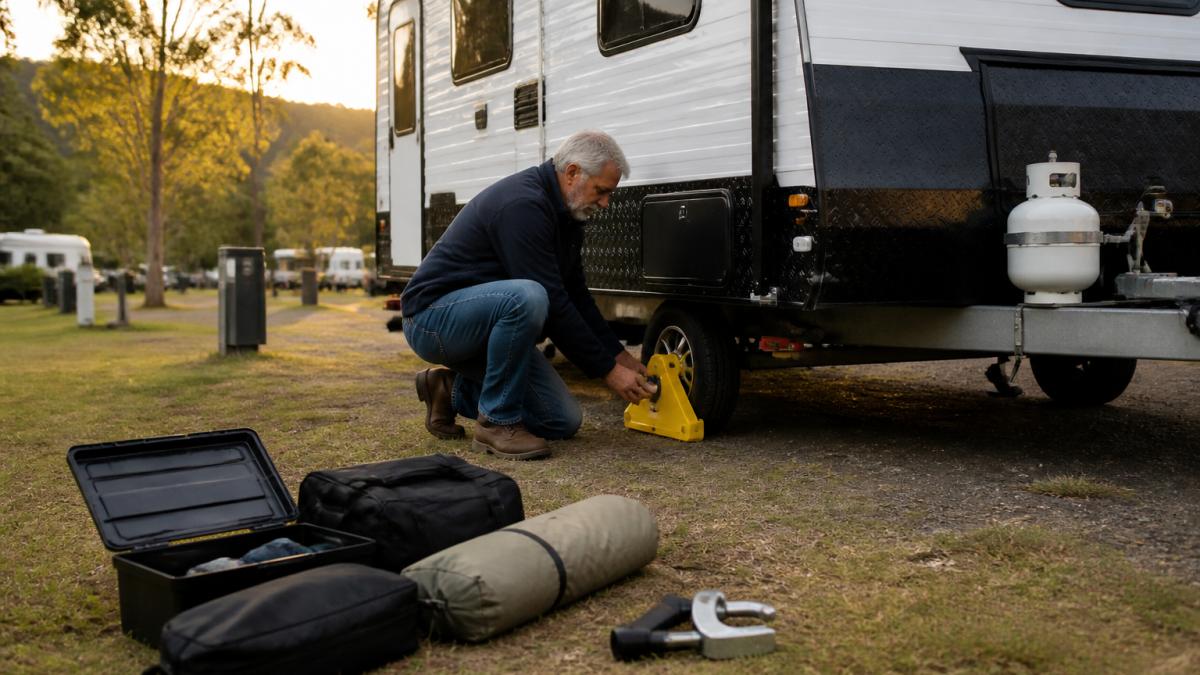 Caravan owner checking a wheel clamp and hitch lock at a campsite during sunset