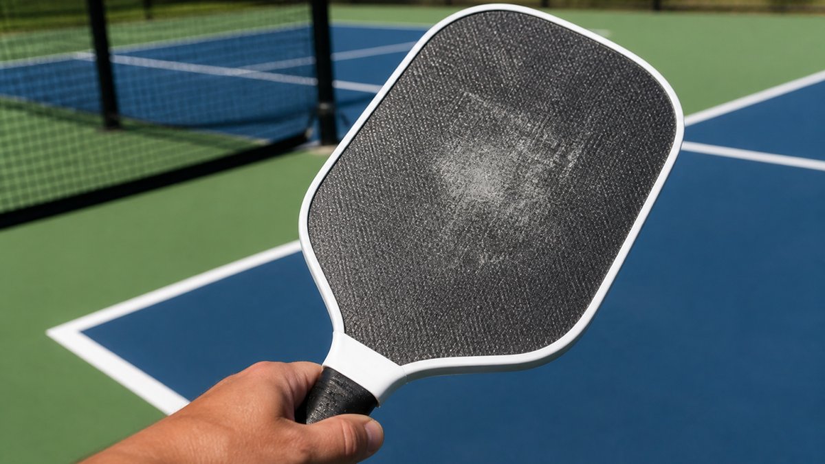 Close-up of a pickleball paddle face showing visible surface wear and scuff marks around the sweet spot, held by a player's hand on an outdoor court