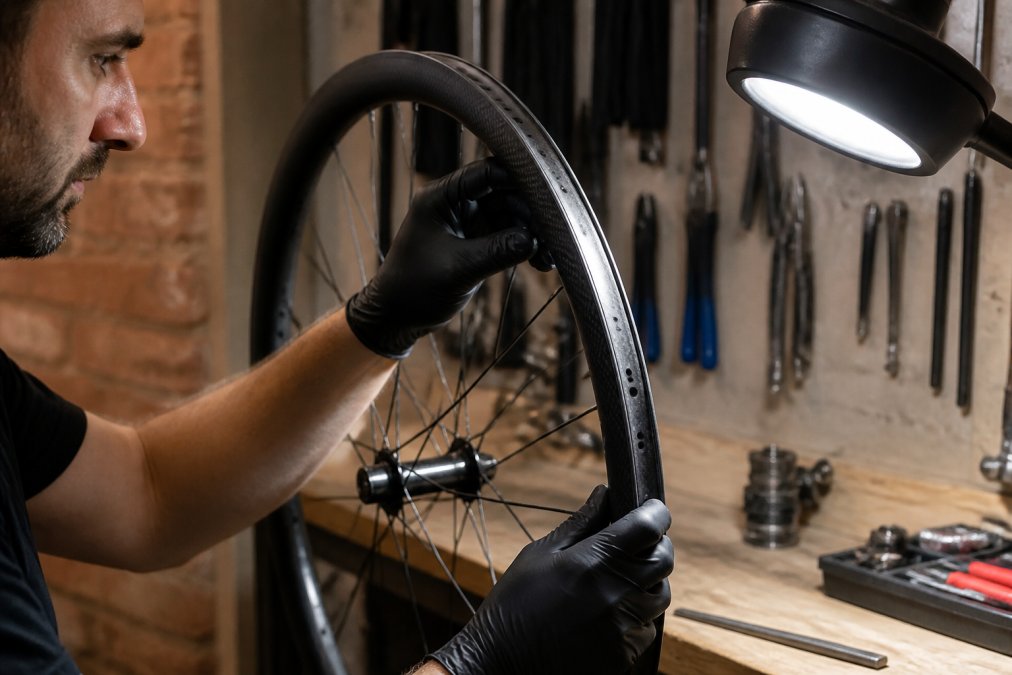 Close-up of gloved hands rotating a carbon fiber wheelset in a home workshop, inspecting the rim edge under a bright work light for hairline cracks and chips
