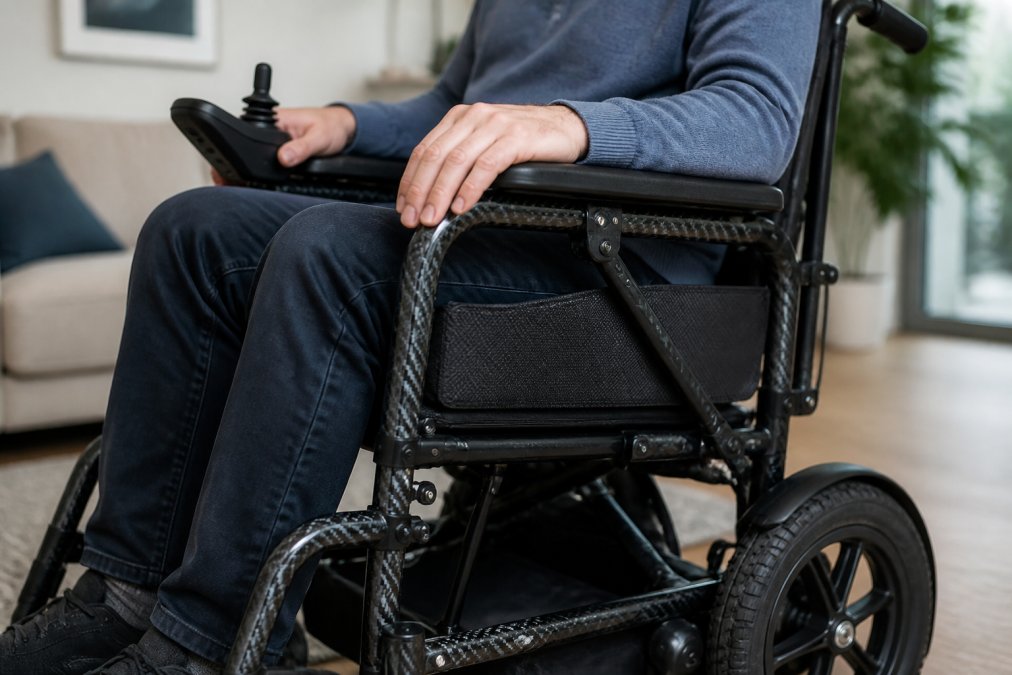 Close-up of a carbon fibre electric wheelchair frame showing the distinctive woven composite texture with a user's hands resting on the armrests in a well-lit modern living room