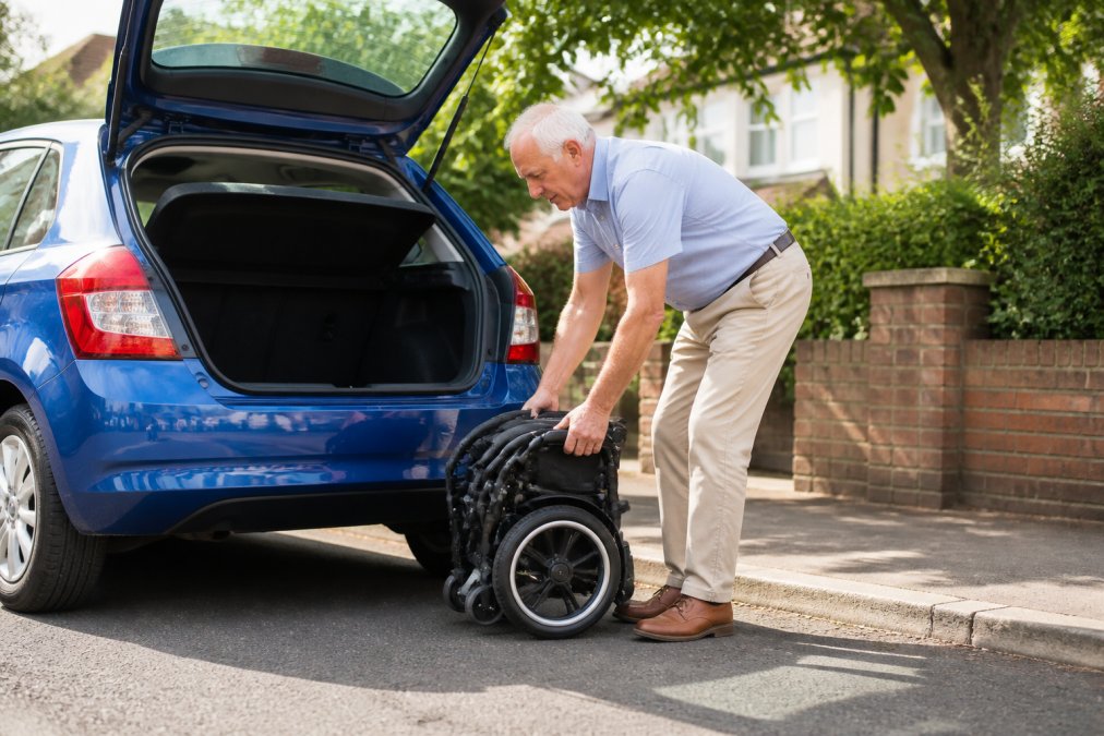 An older adult folding a lightweight carbon fibre electric wheelchair next to the open boot of a small hatchback car on a sunny residential street, demonstrating the compact folded size