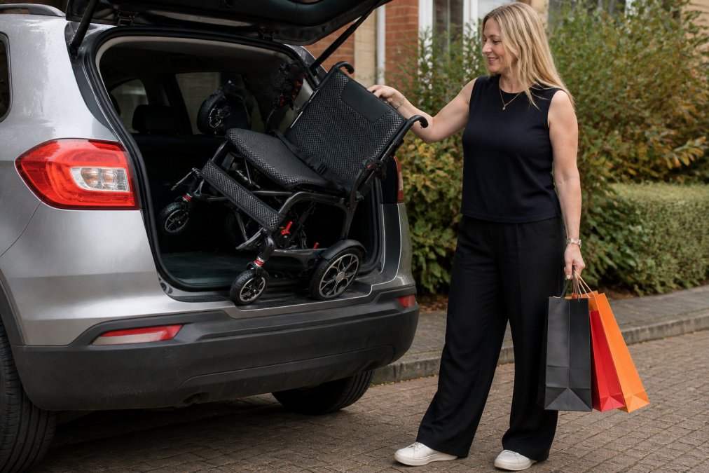 Person lifting a lightweight carbon fibre wheelchair into a car boot with one hand while holding shopping bags, showing ease of transport in natural daylight