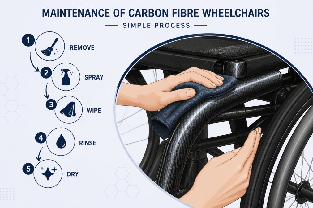 Close-up of hands gently cleaning a carbon fibre wheelchair frame with a soft microfibre cloth, showing the simple maintenance process in bright natural light