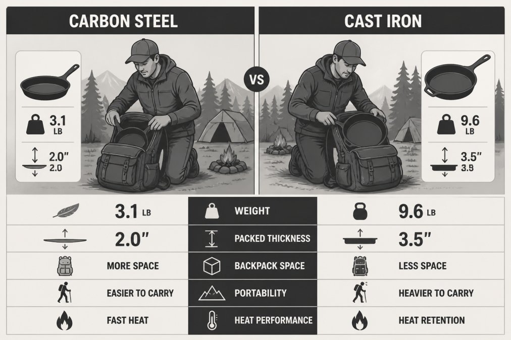 Camper packing carbon steel and cast iron cookware into a backpack at a campsite, showing weight and bulk differences between materials side by side