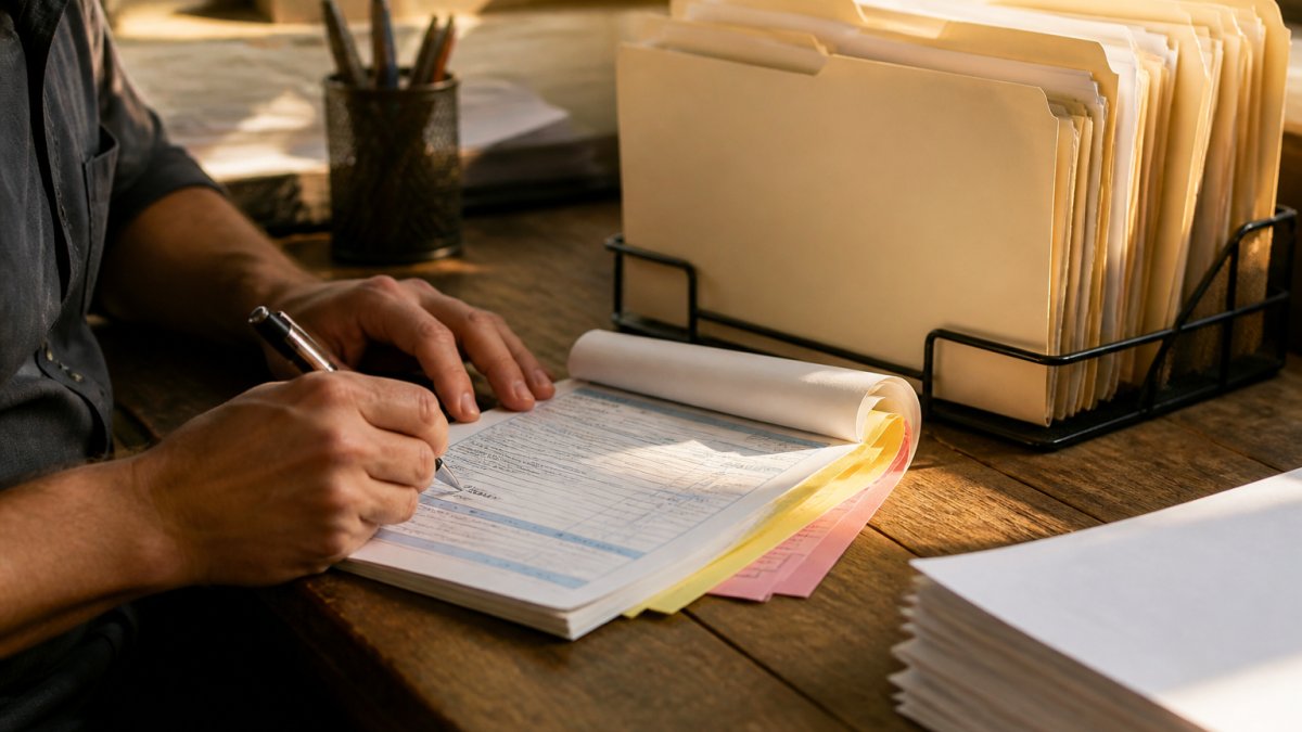 Small business owner writing on carbonless invoice form at wooden desk with organized file folders and multiple copies visible