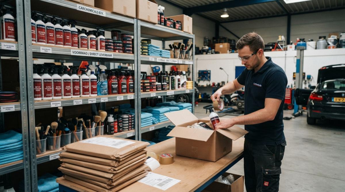 Close-up van professionele autopoetsproducten (wax, polijsten, microfiber doeken) netjes georganiseerd op een werkbank met duidelijke labels en voorraadindicatoren