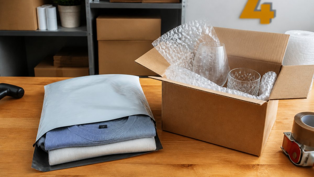 Infographic comparing the use of cardboard boxes and mailing bags for shipping different retail product types.