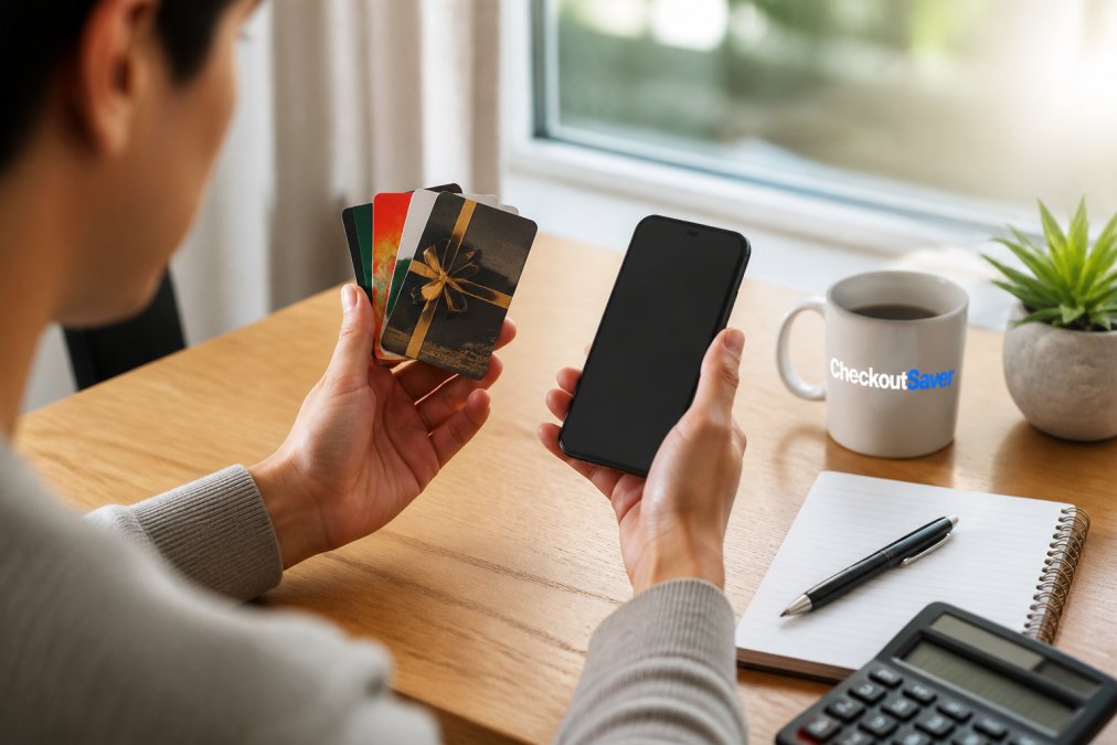 Person holding a stack of gift cards while reviewing payout options on a smartphone at a home desk, natural lighting from nearby window