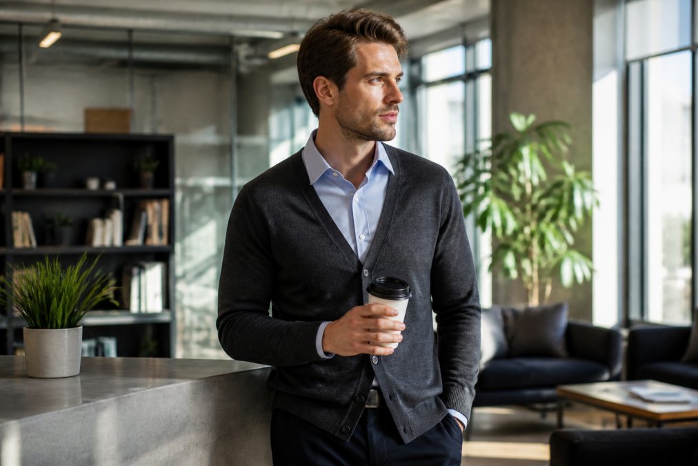 A person wearing a slim-fit charcoal cardigan over a light blue button-down shirt, holding a coffee cup in a sunlit modern office lounge