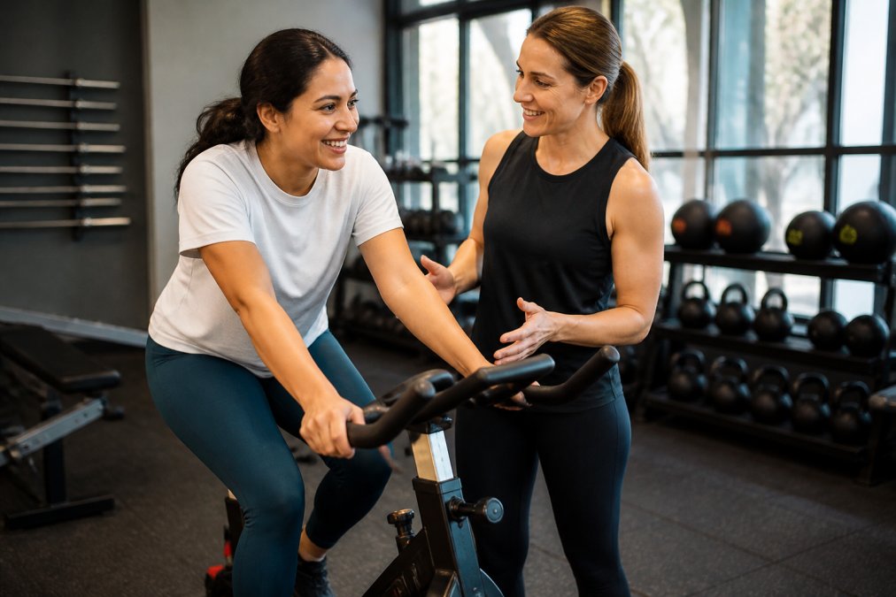Beginner exerciser on a stationary bike in a bright, welcoming gym environment with supportive coaching staff nearby demonstrating proper form