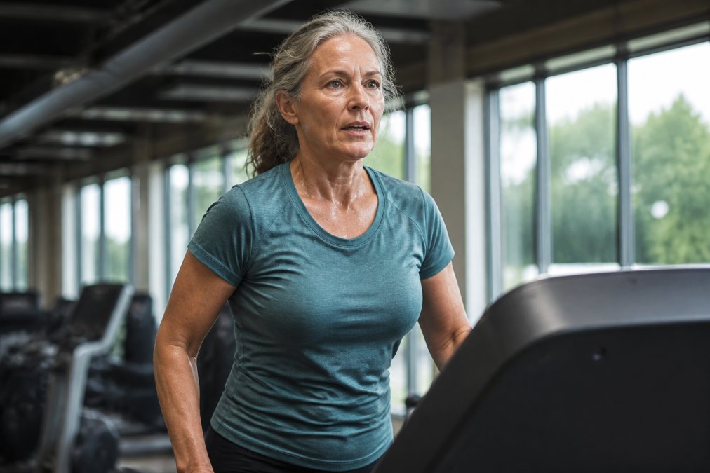 Woman in her 50s wearing a breathable cardio shirt during an intense treadmill workout, showing visible sweat management and comfortable fit during high-impact exercise