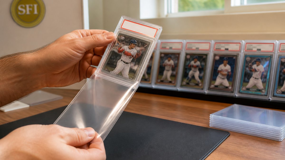 Collector sliding a graded card into clear protective slab sleeves on a desk