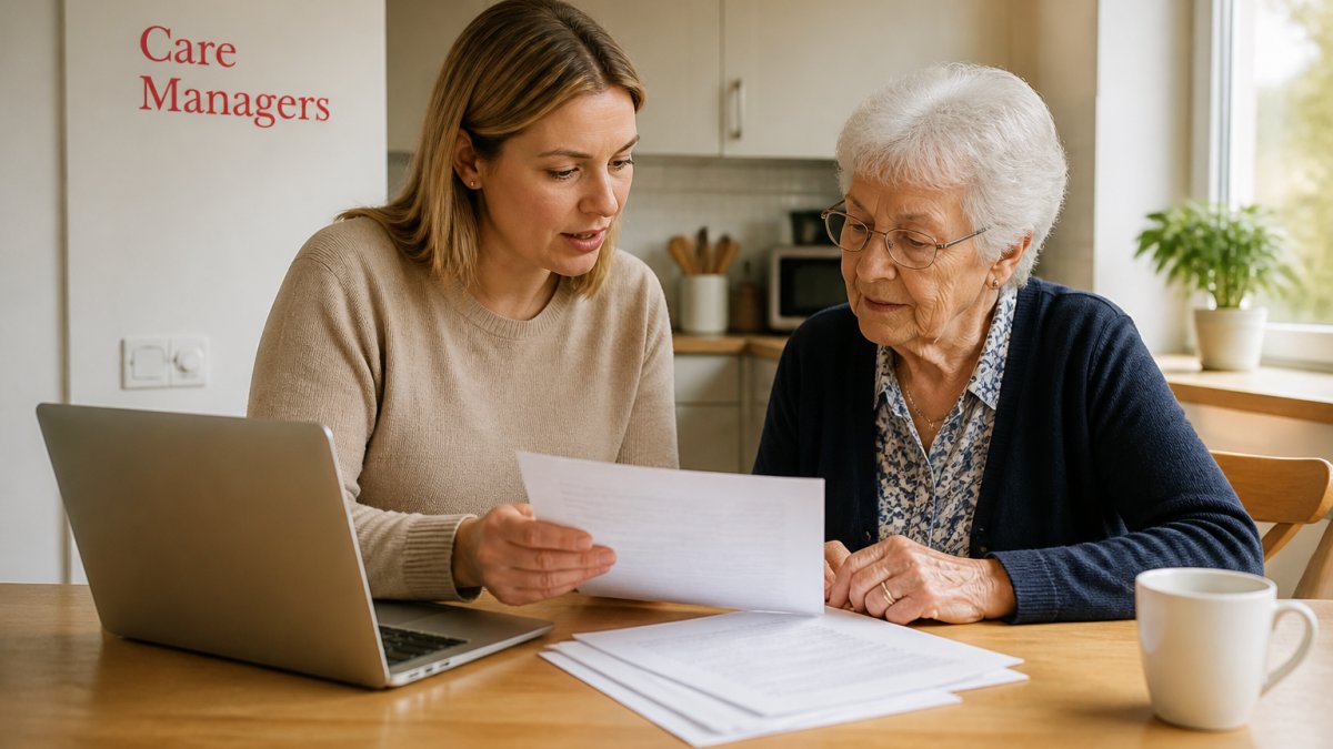 An adult daughter sitting at a kitchen table with her elderly mother, reviewing paperwork and a laptop together, warm natural light, calm and reassuring atmosphere