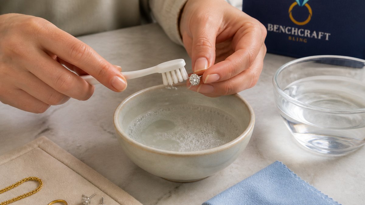 Close-up of hands gently cleaning a diamond stud earring with a soft-bristled brush in warm soapy water over a small ceramic bowl