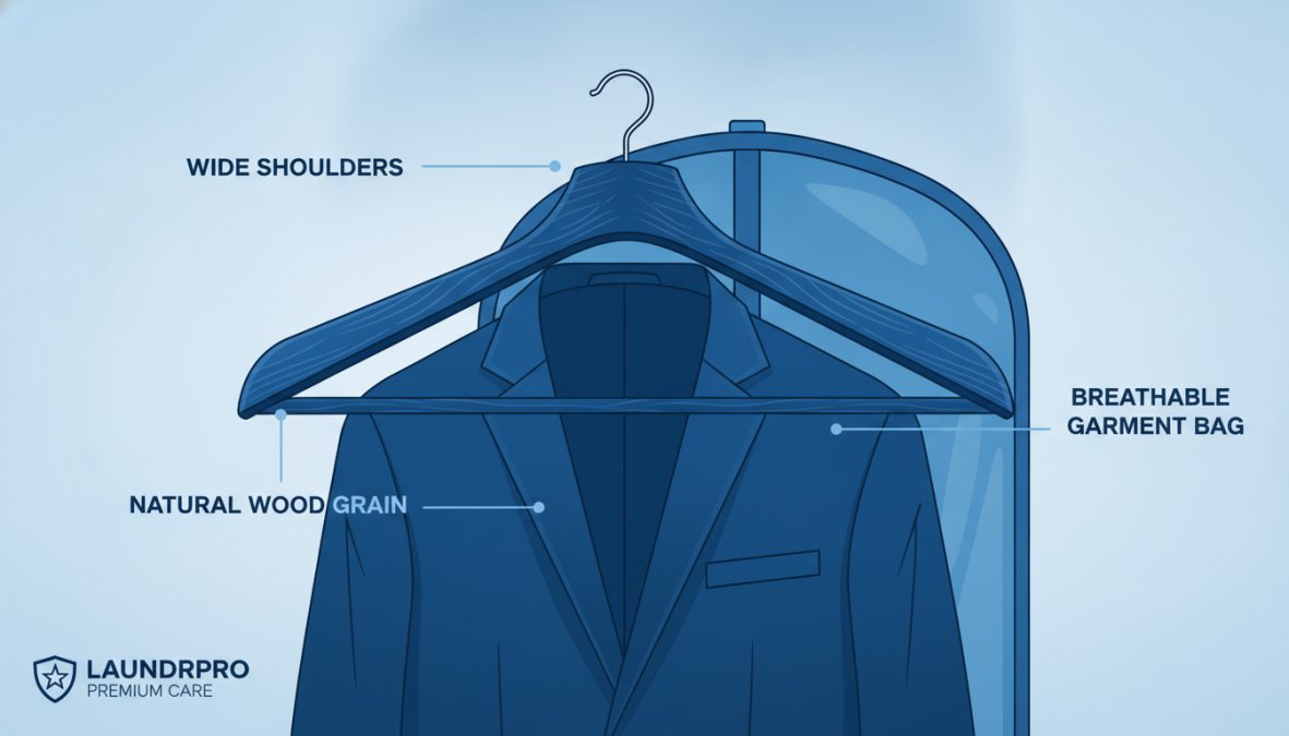 Close-up of premium wooden suit hanger with wide curved shoulders holding a tailored navy wool suit jacket, showing natural wood grain detail with a breathable garment bag partially visible in soft natural light