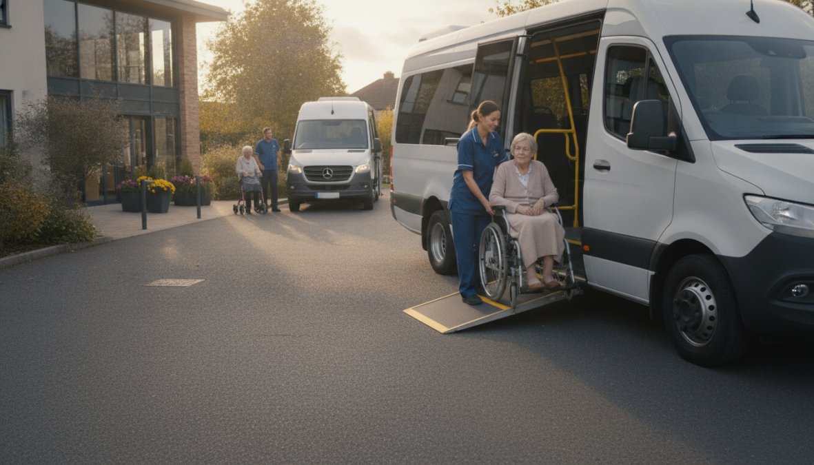 Modern wheelchair-accessible minibus with an extended ramp deployed, showing a caregiver assisting an elderly resident in a wheelchair into the vehicle, bright daylight setting