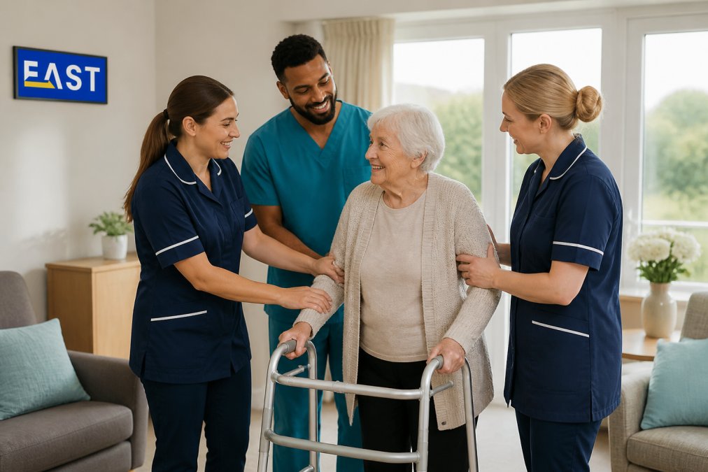 Care staff in navy tunics and teal scrubs assisting an elderly resident with a walking frame in care home uniforms.