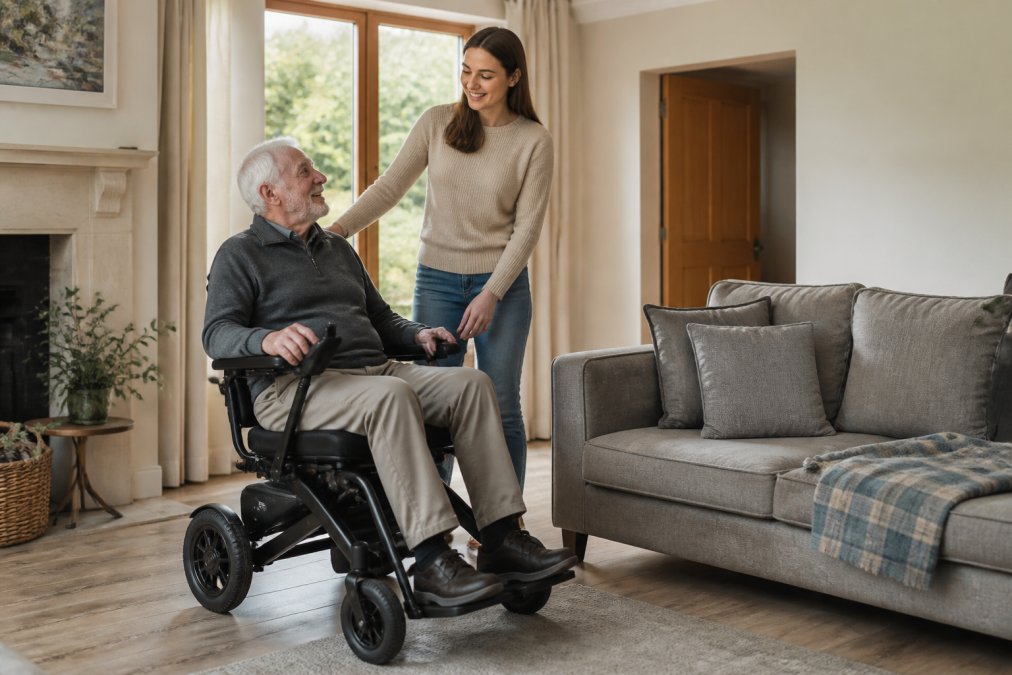 An older adult seated comfortably in a compact folding electric wheelchair in a bright living room, with a carer standing nearby smiling and resting a hand on the chair's handle, natural daylight coming through a window behind them