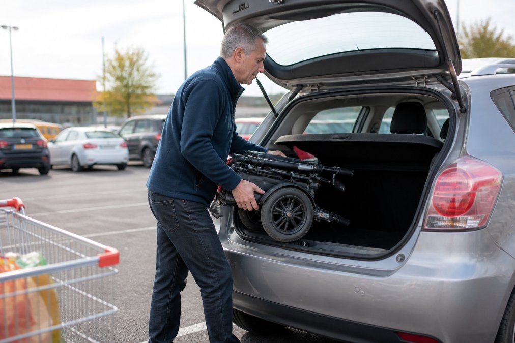 A person in their fifties lifting a folded compact electric wheelchair into the boot of a small silver hatchback car in a supermarket car park, the folded chair visibly small against the open boot space, afternoon light