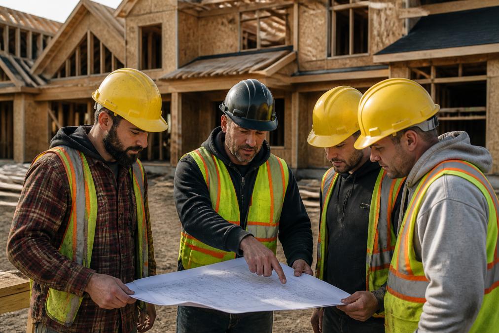 A Red Seal certified tradesperson in a hard hat and safety vest reviewing blueprints with a small crew on a residential construction site, pointing at framing details, with a house under construction in the background