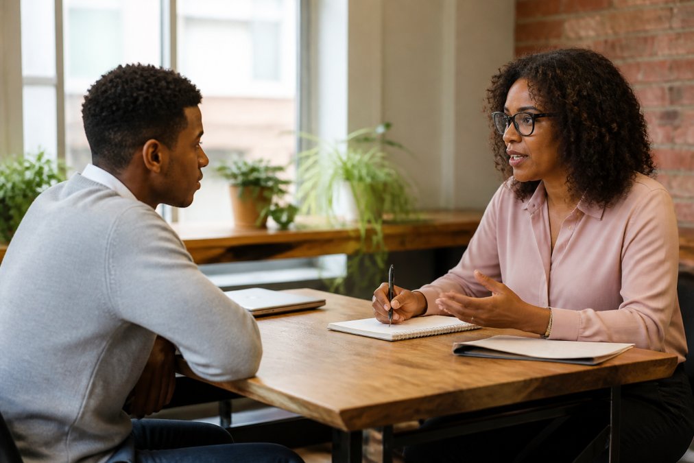 A career coach and a young professional sitting across from each other at a small table, practicing interview answers with a notebook and laptop between them in a warm, naturally lit office space