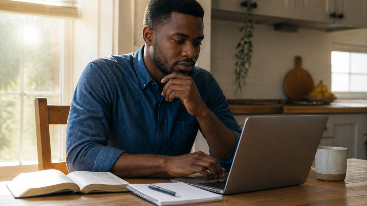 A ministry graduate in a smart casual shirt reviewing a job listing on a laptop at a kitchen table, open Bible and notebook beside the computer, warm morning light through a window
