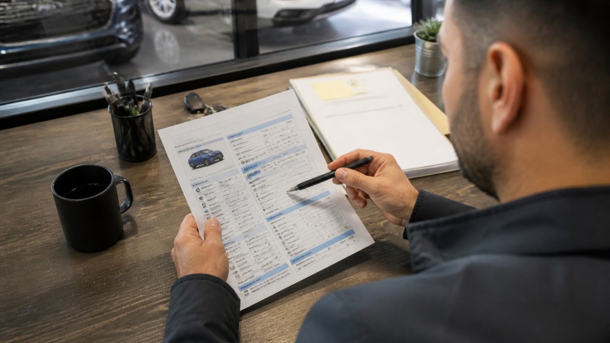 Person sitting at a desk reviewing a printed report for Carfax verification while pointing with a pen