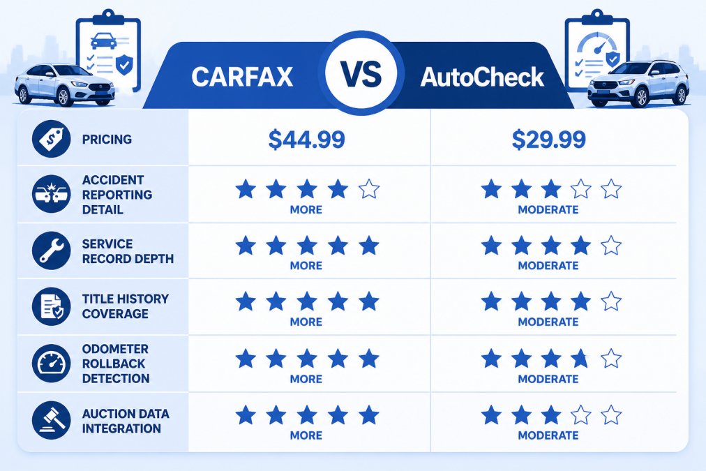 Comparison matrix showing CARFAX vs AutoCheck across 6 dimensions: pricing ($44.99 vs $29.99), accident reporting detail, service record depth, title history coverage, odometer rollback detection, and auction data integration