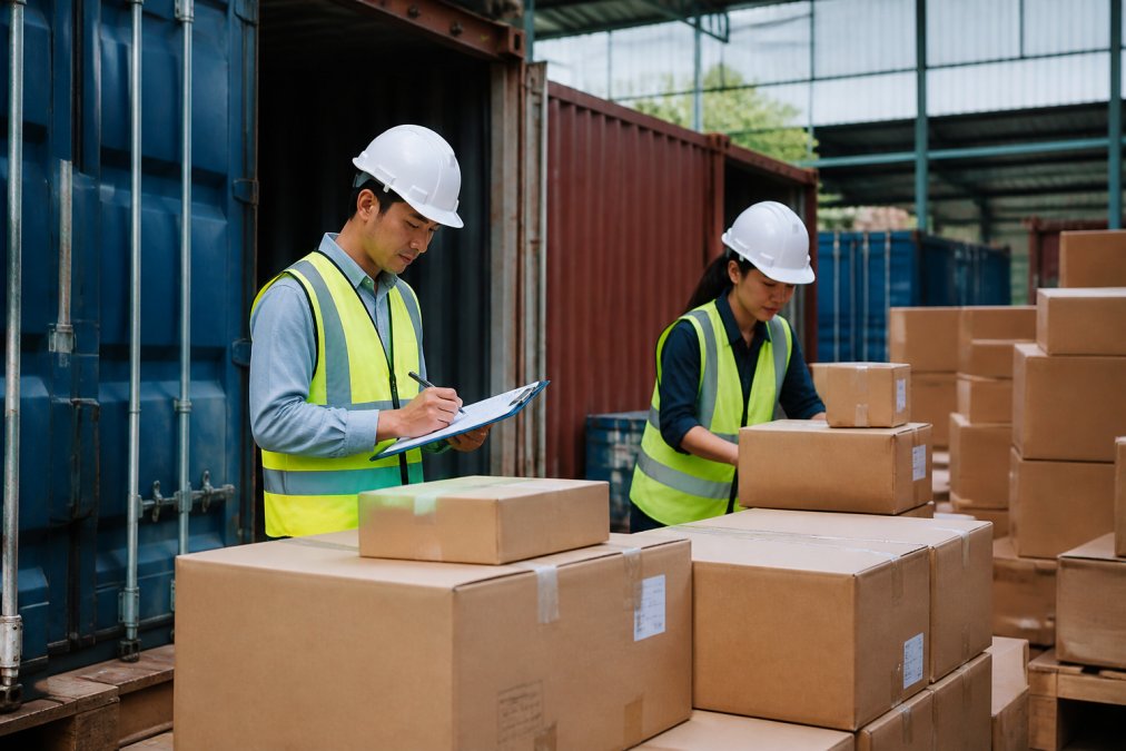 Warehouse workers organizing cargo containers and shipping boxes in a modern logistics facility, with clipboard and shipping labels visible
