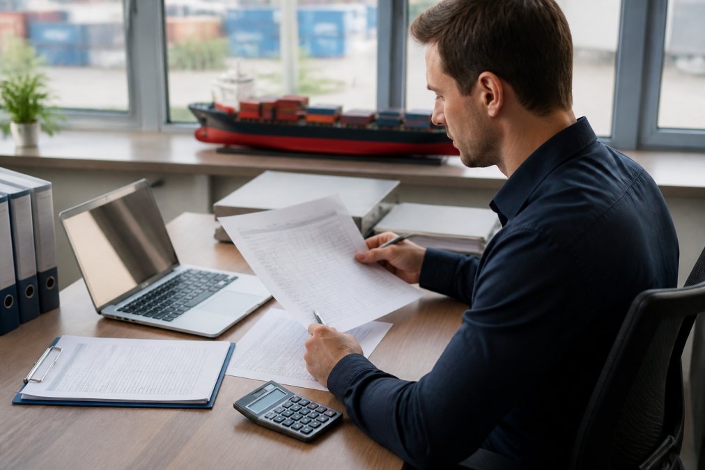 A logistics manager at a desk reviewing freight rate quotes on a laptop, with shipping documents and a calculator nearby in a bright office