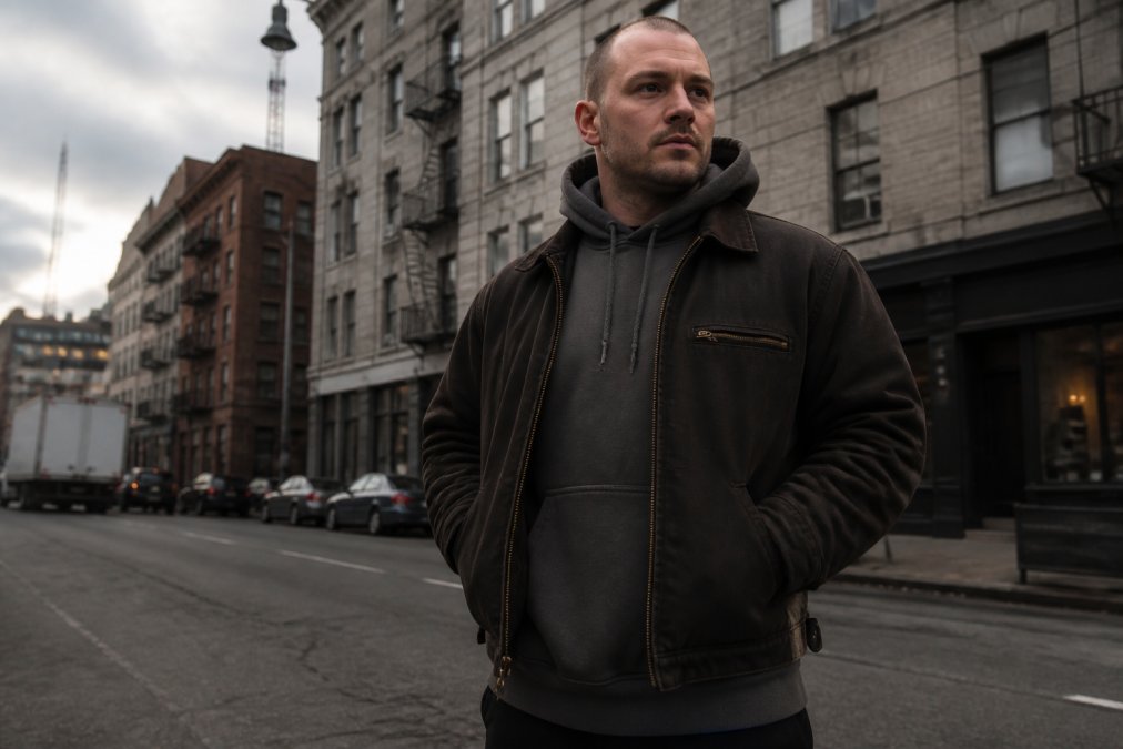 A man in his 30s wearing a heavyweight hoodie and work jacket standing on a city street, hands in pockets, confident posture, urban setting