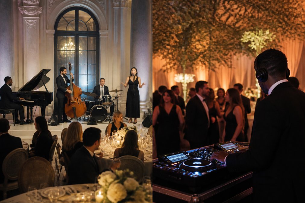 Jazzquartet treedt op tijdens elegante bruiloft als inspiratie voor Caribische muziek vs jazz voor bruiloft 2026 keuze.