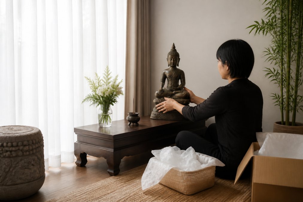 A serene home meditation corner with a bronze Buddha statue on a low wooden altar, soft natural light filtering through sheer curtains, a small incense holder and fresh flowers nearby, creating a calm and respectful atmosphere