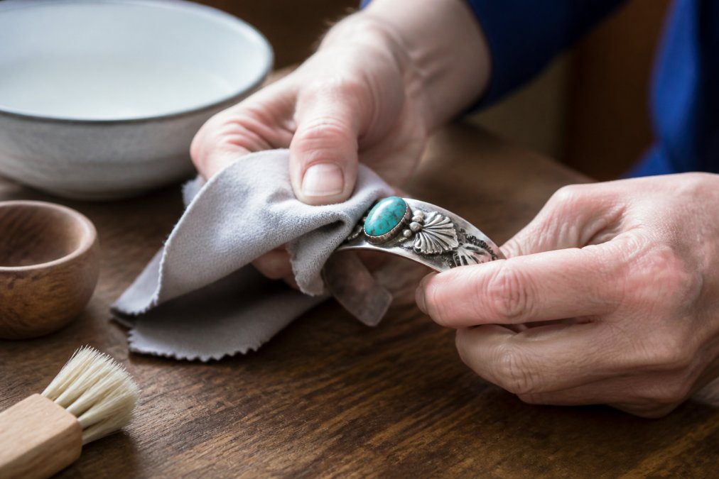 Close-up of a person's hands gently wiping a turquoise and sterling silver cuff bracelet with a soft dry microfiber cloth on a clean wooden table, soft natural window light