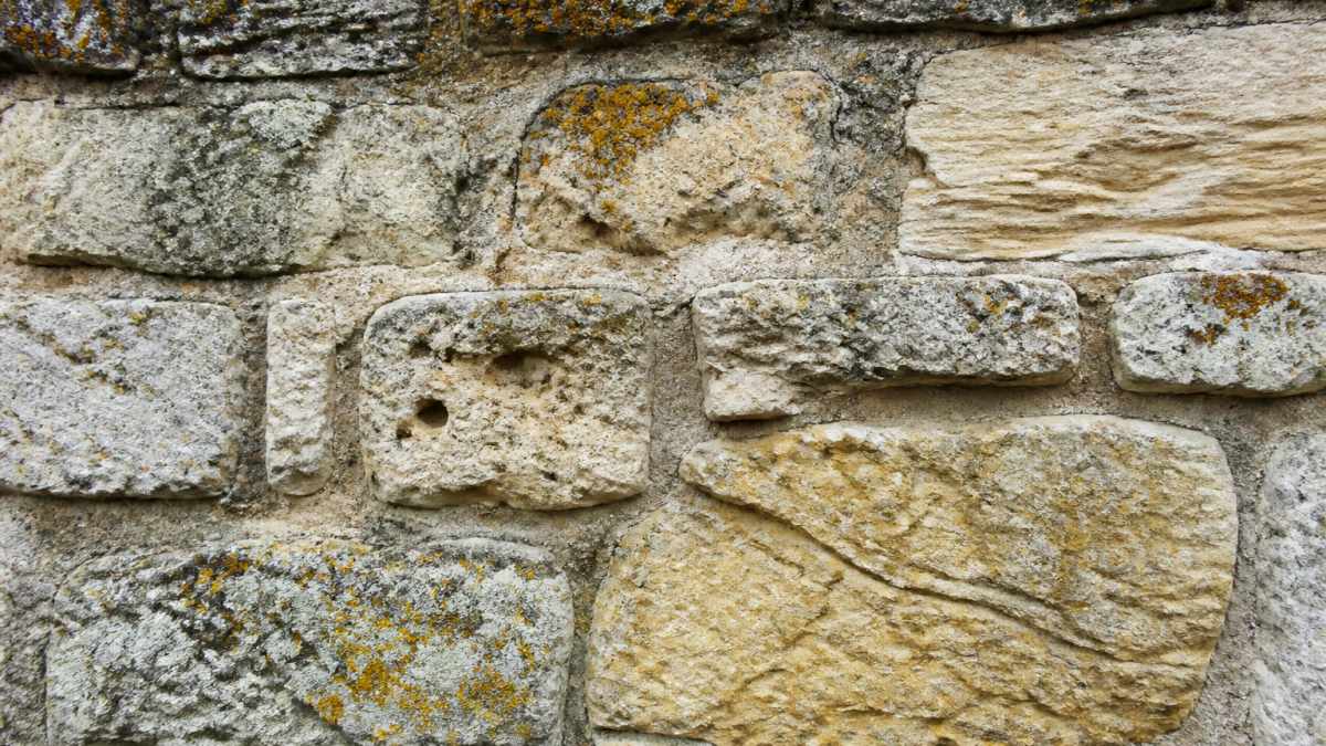 Diagram identifying weathering patterns and lichen on historic stone home exteriors like limestone and sandstone.