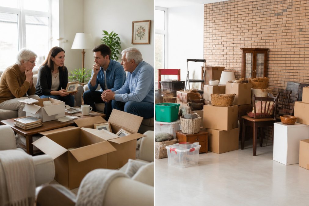 Family members sitting together in a living room with boxes and sorted items, discussing decisions about belongings during an estate transition, natural afternoon lighting from windows