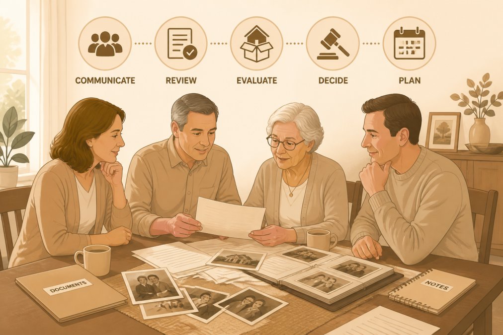 Adult siblings and elderly parent reviewing documents and photographs together at a dining table, communicating about estate decisions, warm natural lighting
