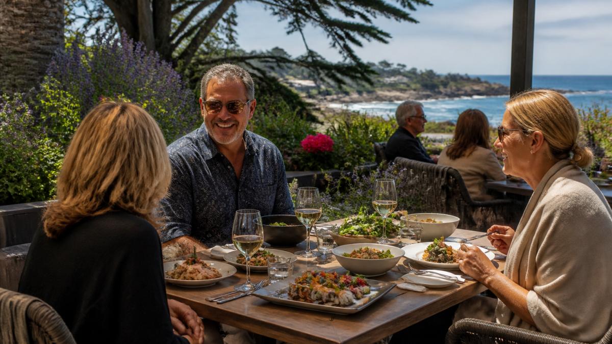 Diners enjoying an elegant meal on a sunny patio with soft ambient lighting, Asian fusion dishes on white plates, coastal garden backdrop with flowering plants and gentle ocean breeze