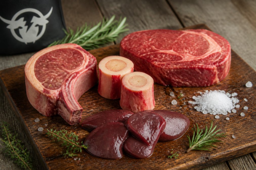 Premium grass-fed beef cuts, liver, and bone marrow arranged on a wooden board with fresh herbs and sea salt