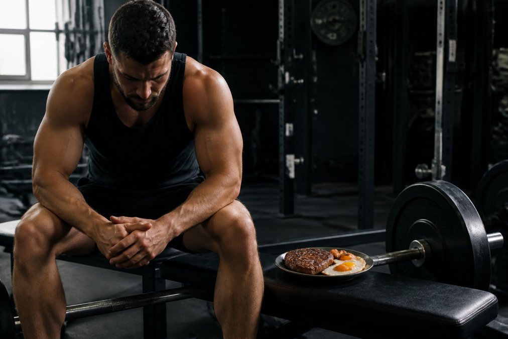 A serious athlete in a dimly lit gym sitting on a bench, staring at a plate of steak and eggs placed beside a barbell, contemplative mood