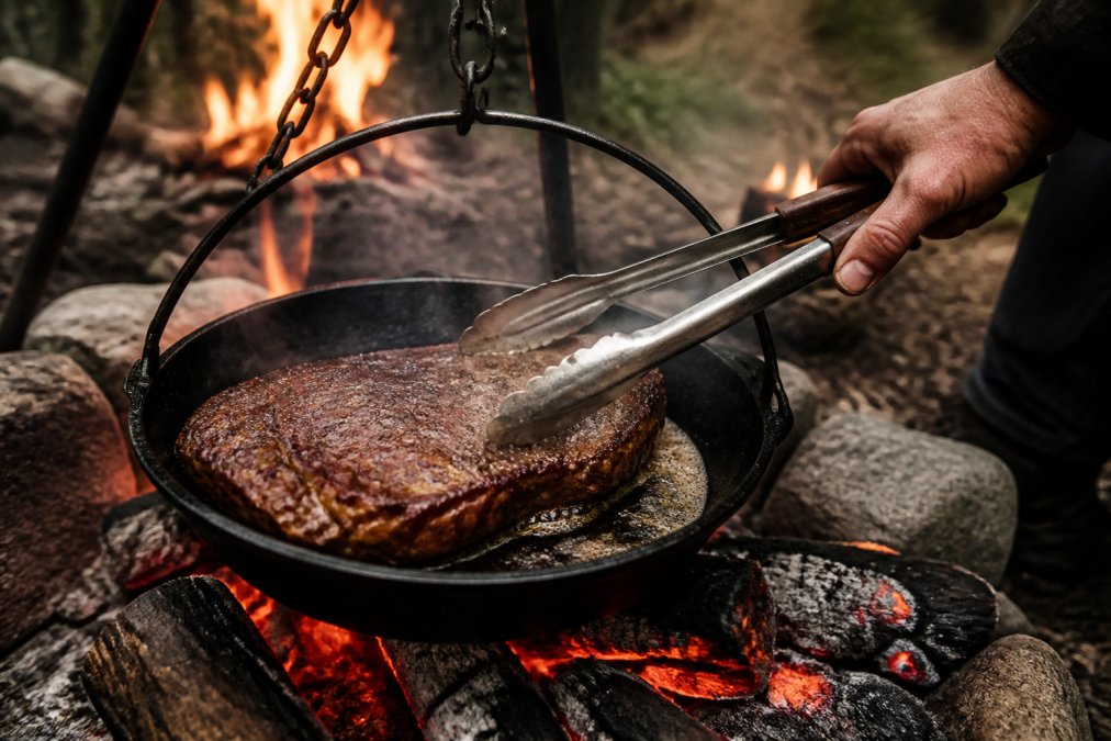 A skilled outdoor cook searing a thick cut of meat on heavy cast iron cookware suspended over glowing coals, showing the characteristic golden-brown crust forming on the meat's surface with flames visible in the background