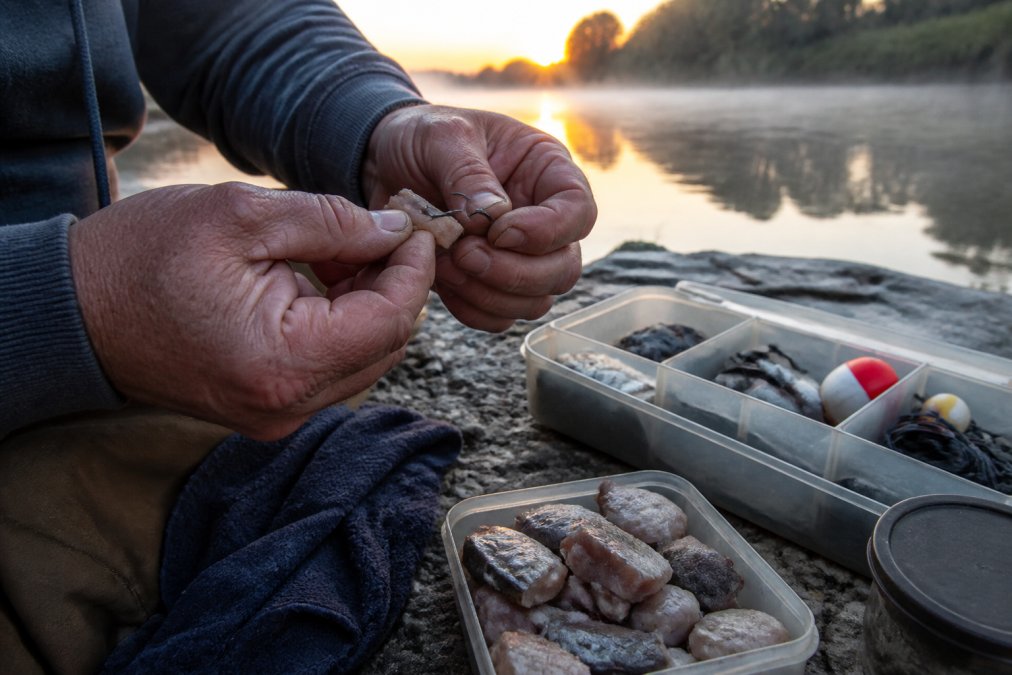 Angler threading a piece of cut fish bait onto a circle hook on a riverbank at dawn