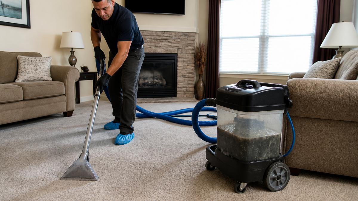 Professional carpet cleaning technician using commercial hot-water extraction equipment on a residential living room carpet, with visible dirty water being extracted into collection tank