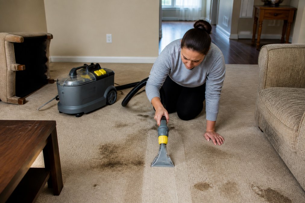 Homeowner using a portable carpet cleaning machine on living room carpet with visible stains, showing concentrated effort and time investment required for DIY cleaning, with furniture partially moved aside