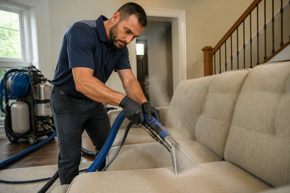 Professional cleaner using truck-mounted hot-water extraction equipment on upholstered furniture, demonstrating professional-grade technique with visible water extraction and steam application in bright residential setting