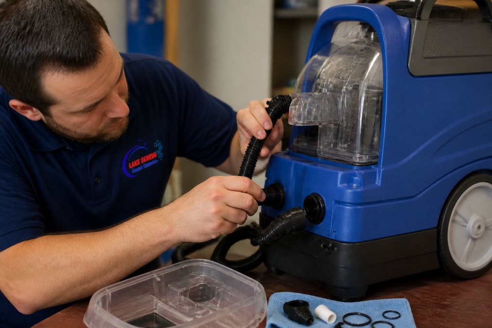 Close-up of someone inspecting the water tank and hose connections on a carpet cleaning machine, checking for clogs or damage