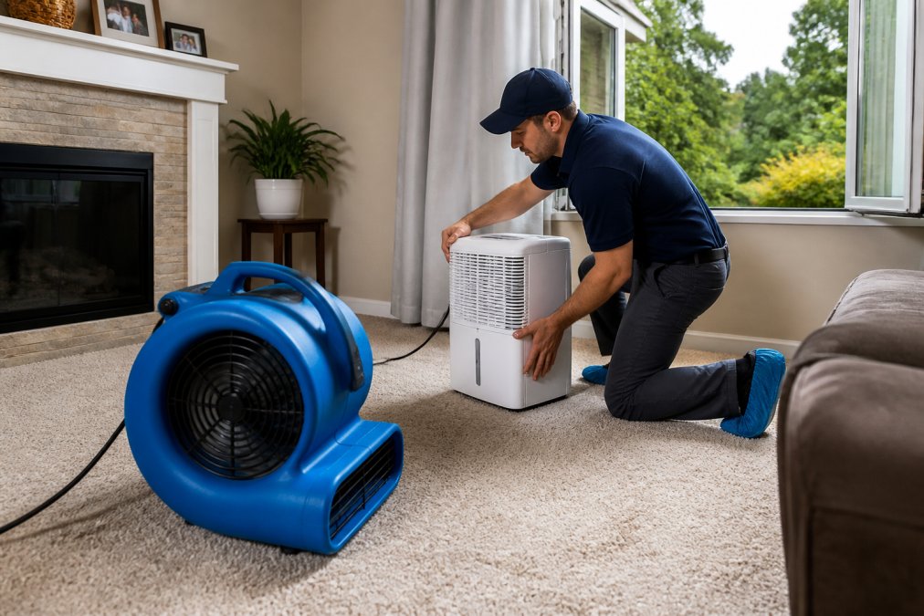 A homeowner setting up a box fan and dehumidifier in a living room with freshly cleaned, slightly damp carpet, windows open to let in daylight and airflow